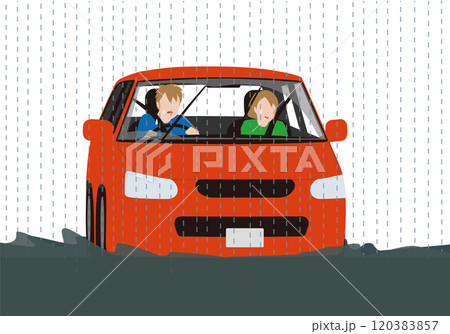 災害、豪雨の中、走行する乗用車。怯える運転手と助手席の女性のベクターイラスト 災害、豪雨の中、走行する乗用車。怯える運転手と助手席の女性のベクターイラスト 120383857