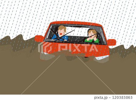 災害、豪雨・濁流に襲われ流されそうな乗用車。怯える運転手と助手席の女性のイラスト 災害、豪雨・濁流に襲われ流されそうな乗用車。怯える運転手と助手席の女性のイラスト 120383863