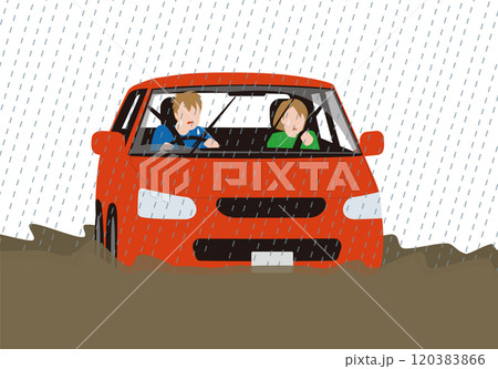 災害、豪雨、濁った水の中、乗用車を運転する。怯える運転手と助手席の女性のベクターイラスト 災害、豪雨、濁った水の中、乗用車を運転する。怯える運転手と助手席の女性のベクターイラスト 120383866