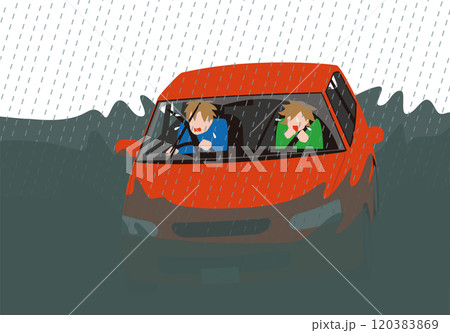 災害、豪雨で水に突っ込む乗用車。怯える運転手と助手席の女性のベクターイラスト 120383869
