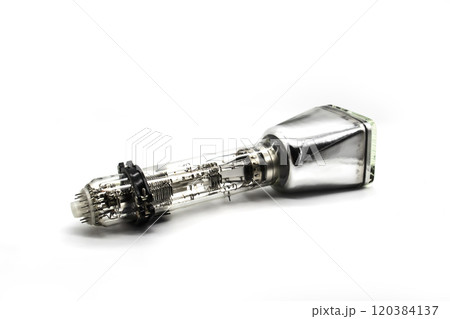 Oscilloscope tube is intended for registration of electrical processes of visual observations in various radio electronic devices for special purposes. A cathode ray tube on the white background Oscilloscope tube is intended for registration of electrical processes of visual observations in various radio electronic devices for special purposes. A cathode ray tube on the white background 120384137