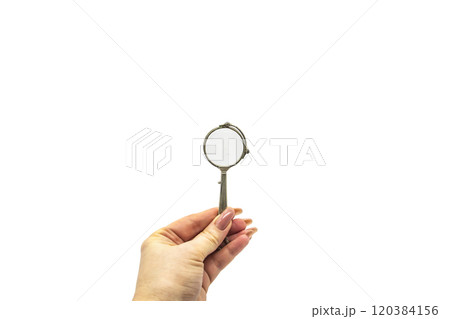 Hand hold an old vintage lorgnette from the middle of the nineteenth century on the white background 120384156