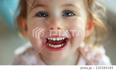 Close-Up of a Laughing Toddler with Healthy Milk Teeth 120384184