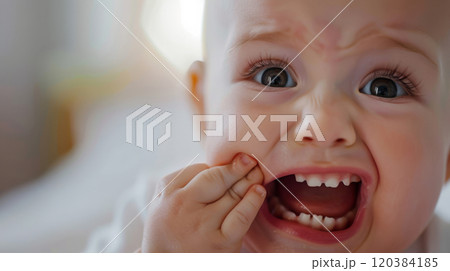 Baby Experiencing Teething Pain in an Emotional Close-Up 120384185