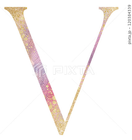 Light pink watercolor letter V with golden splashes, romantic wedding isolated monogram initials 120384339