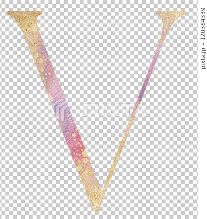 Light pink watercolor letter V with golden splashes, romantic wedding isolated monogram initials 120384339