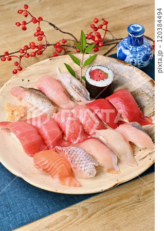 お寿司、大皿、すし、鮨、スシ、寿司、地魚、マグロ、盛合せ。 120384494