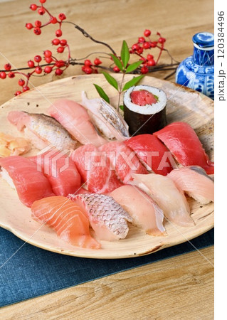 お寿司、大皿、すし、鮨、スシ、寿司、地魚、マグロ、盛合せ。 120384496