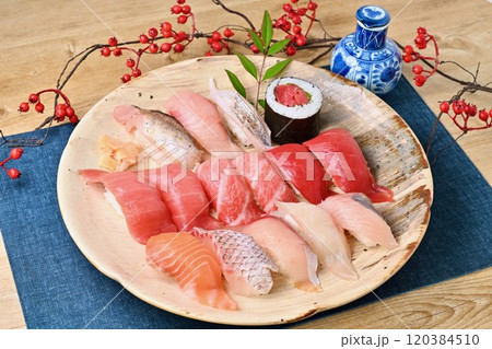 お寿司、大皿、すし、鮨、スシ、寿司、地魚、マグロ、盛合せ。 120384510