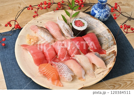 お寿司、大皿、すし、鮨、スシ、寿司、地魚、マグロ、盛合せ。 120384511