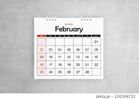 February 2025 desk calendar on gray cement wall background. 120384732