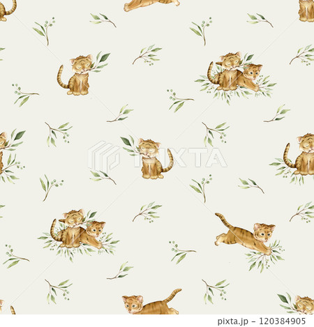 Seamless pattern with cute kawaii two tigers jumping and sitting with green branch eucalyptus. Watercolor hand drawn illustration african animal isolated. Cartoon kids print. Seamless pattern with cute kawaii two tigers jumping and sitting with green branch eucalyptus. Watercolor hand drawn illustration african animal isolated. Cartoon kids print. 120384905