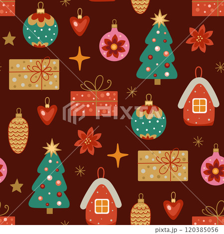 Christmas and New Year seamless pattern with gifts and decorations. 120385056