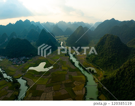 Drone aerial view of landscape mountains view in sunrise or sunset time,High angle view over countryside at northern Vietnam 120385119