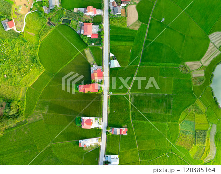 Amazing landscape nature view Rice fields and mountains in Bac Son valley, Lang Son,Northern Vietnam, Seen from above, High angle view Amazing landscape nature view Rice fields and mountains in Bac Son valley, Lang Son,Northern Vietnam, Seen from above, High angle view 120385164