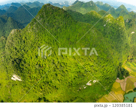 Drone aerial view of landscape mountains view in summer season,High angle view over countryside at northern Vietnam 120385181