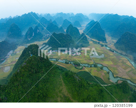 Drone aerial view of landscape mountains view in sunrise or sunset time,High angle view over countryside at northern Vietnam 120385199