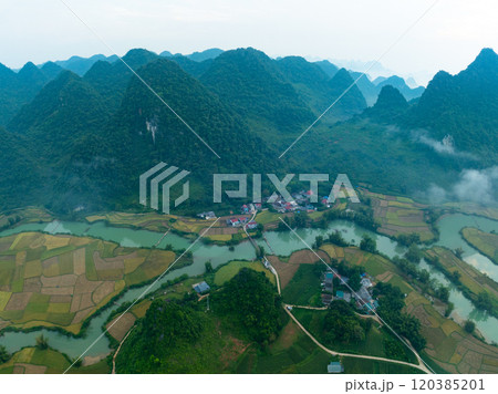 Aerial wide angle view of landscape with rice field at Phong Nam village in Trung Khanh, Cao Bang province,Northern Vietnam Aerial wide angle view of landscape with rice field at Phong Nam village in Trung Khanh, Cao Bang province,Northern Vietnam 120385201