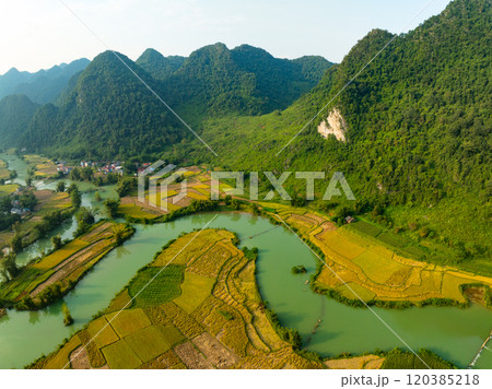 Aerial wide angle view of landscape with rice field at Phong Nam village in Trung Khanh, Cao Bang province,Northern Vietnam 120385218