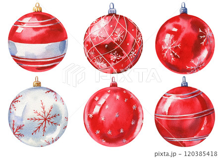 Festive red bauble set, Christmas holiday red glass ball decoration isolated white. Hand-painted watercolor illustration Festive red bauble set, Christmas holiday red glass ball decoration isolated white. Hand-painted watercolor illustration 120385418