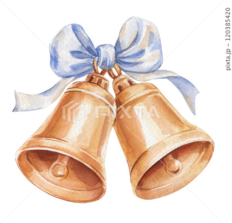 Festive bells, hand-painted Christmas bells with blue bow isolated on white background watercolor Illustration, clipart Festive bells, hand-painted Christmas bells with blue bow isolated on white background watercolor Illustration, clipart 120385420