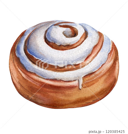 Delicious sweet Cinnamon bun on isolated white background. drawn in watercolor for food design, hand-painted Dessert Delicious sweet Cinnamon bun on isolated white background. drawn in watercolor for food design, hand-painted Dessert 120385425