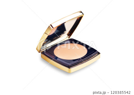 Luxurious compact make up powder, foldable with a mirror. Blue with gold color isolated on white background close up 120385542