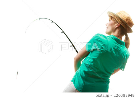 Woman with fishing rod, spinning equipment 120385949