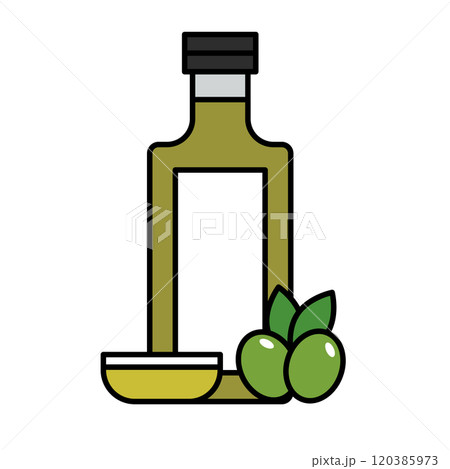 オリーブオイルの瓶とオリーブの実とガラスの小皿に注がれたオリーブ油 オリーブオイルの瓶とオリーブの実とガラスの小皿に注がれたオリーブ油 120385973