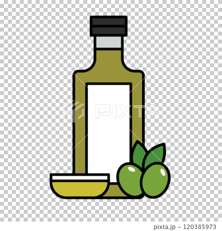 オリーブオイルの瓶とオリーブの実とガラスの小皿に注がれたオリーブ油 オリーブオイルの瓶とオリーブの実とガラスの小皿に注がれたオリーブ油 120385973