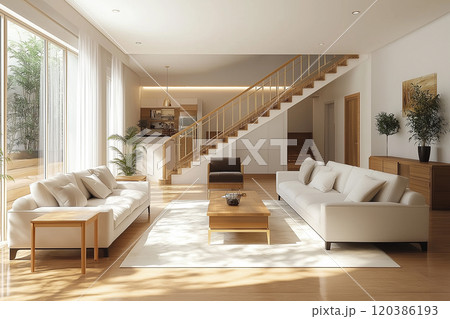 ソファーがある新築住宅のおしゃれなリビングルーム ソファーがある新築住宅のおしゃれなリビングルーム 120386193