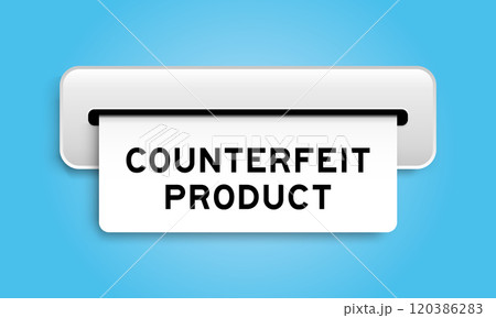 White coupon banner with word counterfeit product from machine on blue color background White coupon banner with word counterfeit product from machine on blue color background 120386283