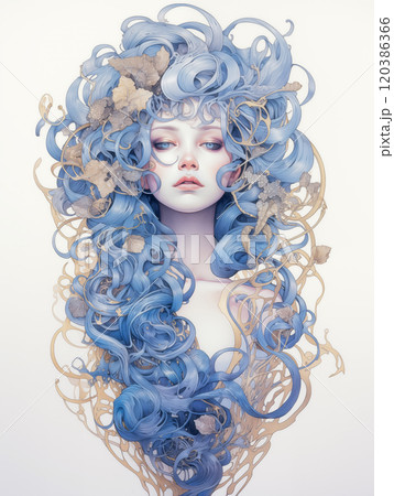 アールヌーヴォー風な神秘的な青髪の女性ポートレート 120386366