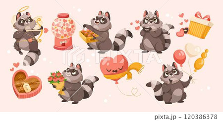 Raccoon Animal and Love Valentine Holiday Gift Vector Set Raccoon Animal and Love Valentine Holiday Gift Vector Set 120386378