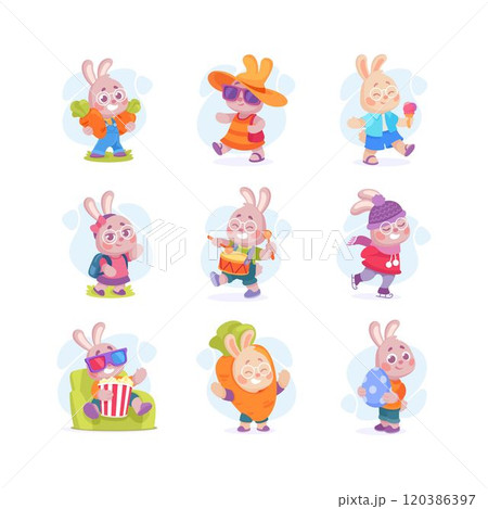 Cute Rabbit Animal Character Engaged in Different Activity Vector Illustration Set 120386397