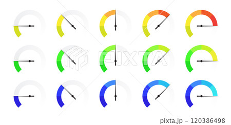 set of gauge meter icons. speedometer, tachymeter, percentage, scale dial gauges. Vector illustration 120386498