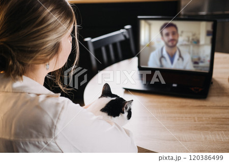 Woman with cat attending online medical consultation. Virtual healthcare, telemedicine, and home comfort concept. Woman with cat attending online medical consultation. Virtual healthcare, telemedicine, and home comfort concept. 120386499