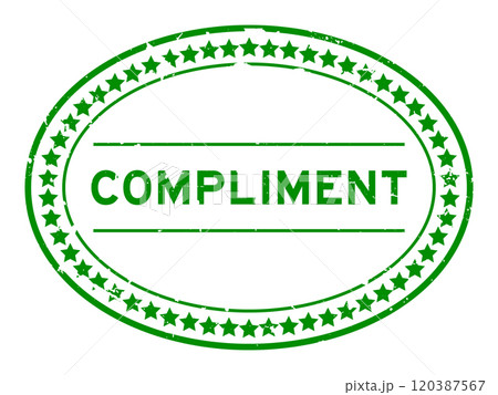 Grunge green compliment word oval rubber seal stamp on white background 120387567