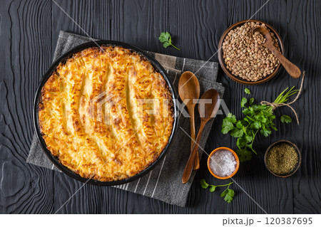 vegan shepherds pie of lentils with mashed potato 120387695