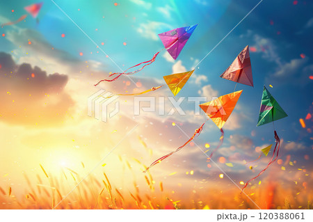 Beautiful greeting card with colorful kites soaring high above vibrant sky to holiday composition Beautiful greeting card with colorful kites soaring high above vibrant sky to holiday composition 120388061