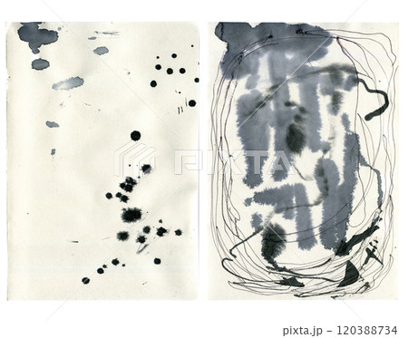 Torn vintage paper with abstract ink drops. Shapes with jagged uneven edges. Ripped different paper fragments collection. Textured grunge element bundle for collage, text box, banner, sticker, poster. 120388734