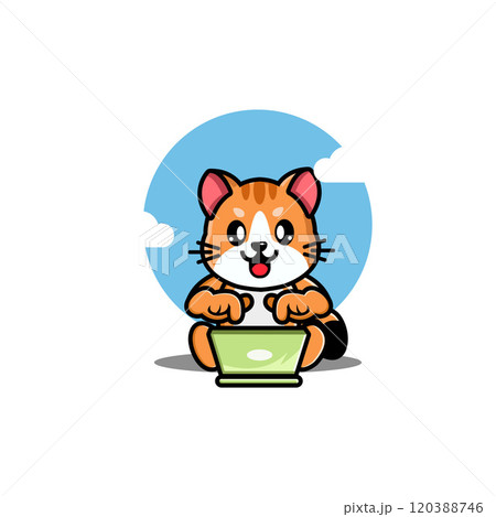 A cute cartoon cat with orange fur is happily typing on a green laptop against a blue sky background A cute cartoon cat with orange fur is happily typing on a green laptop against a blue sky background 120388746