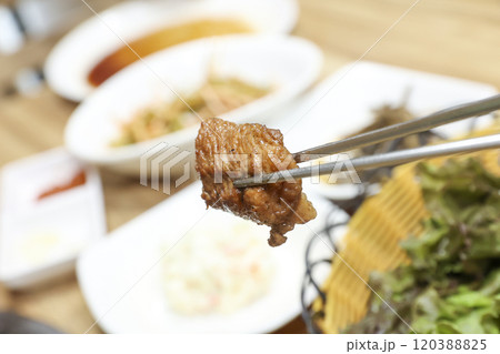 Korean bbq food. Marinated pork ribs 120388825