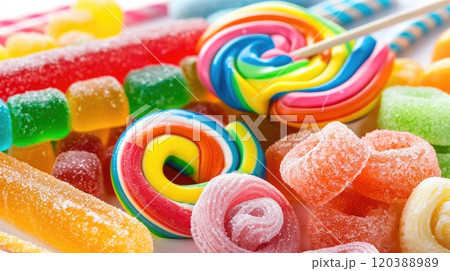 Background filled with different sweets in bright colors, side view. Party table or sweet shop background. 120388989