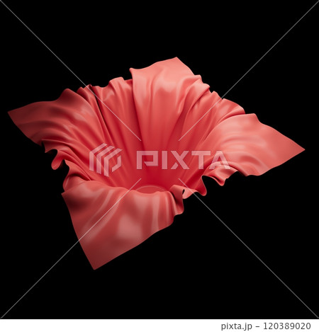 3D rendering of bright red fabric draping and forming smooth folds in a funnel shape on a black background, abstract fabric texture, perfect for graphic design and visualizations 120389020