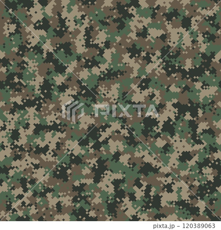 Repeated Green and Beige Pixel Graphic Vector Camouflage Seamless Pattern 120389063