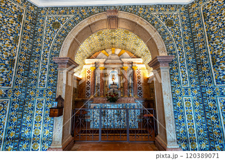 Interior of the unusual Saint Sebastian Chapel Sao Sebastiao in Ericeira, Portugal. Overlooking the Atlantic Ocean Interior of the unusual Saint Sebastian Chapel Sao Sebastiao in Ericeira, Portugal. Overlooking the Atlantic Ocean 120389071