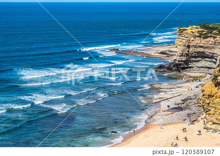 Ribeira de Ilhas beach in Ericeira, is part of the world surf reserve in Ericeira Portugal. Ribeira de Ilhas beach in Ericeira, is part of the world surf reserve in Ericeira Portugal. 120389107