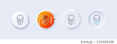 Medical mask line icon. Neumorphic, Orange gradient, 3d pin buttons. Safety breathing respiratory mask sign. Coronavirus face protection symbol. Line icons. Vector Medical mask line icon. Neumorphic, Orange gradient, 3d pin buttons. Safety breathing respiratory mask sign. Coronavirus face protection symbol. Line icons. Vector 120389166