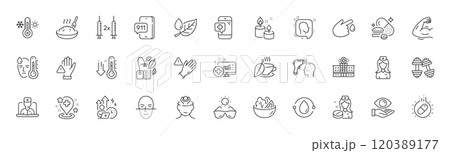 Mint bag, Aroma candle and Nurse line icons. Pack of Hospital nurse, Strong arm, Electronic thermometer icon. Face recognition, Coronavirus vaccine, Sunglasses pictogram. Low thermometer. Vector 120389177